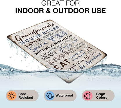 Heuhuww Grandparents Gifts-Vintage Grandparents House Rules Metal Sign for Grandma Grandpa from Grandkids Rustic Farm Home Kitchen Decor 12" x 8"(H19)