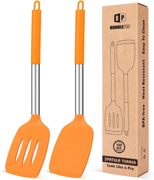 Pack of 2 Silicone Solid Turner, Non Stick Slotted Kitchen Spatulas, High Heat Resistant BPA Free