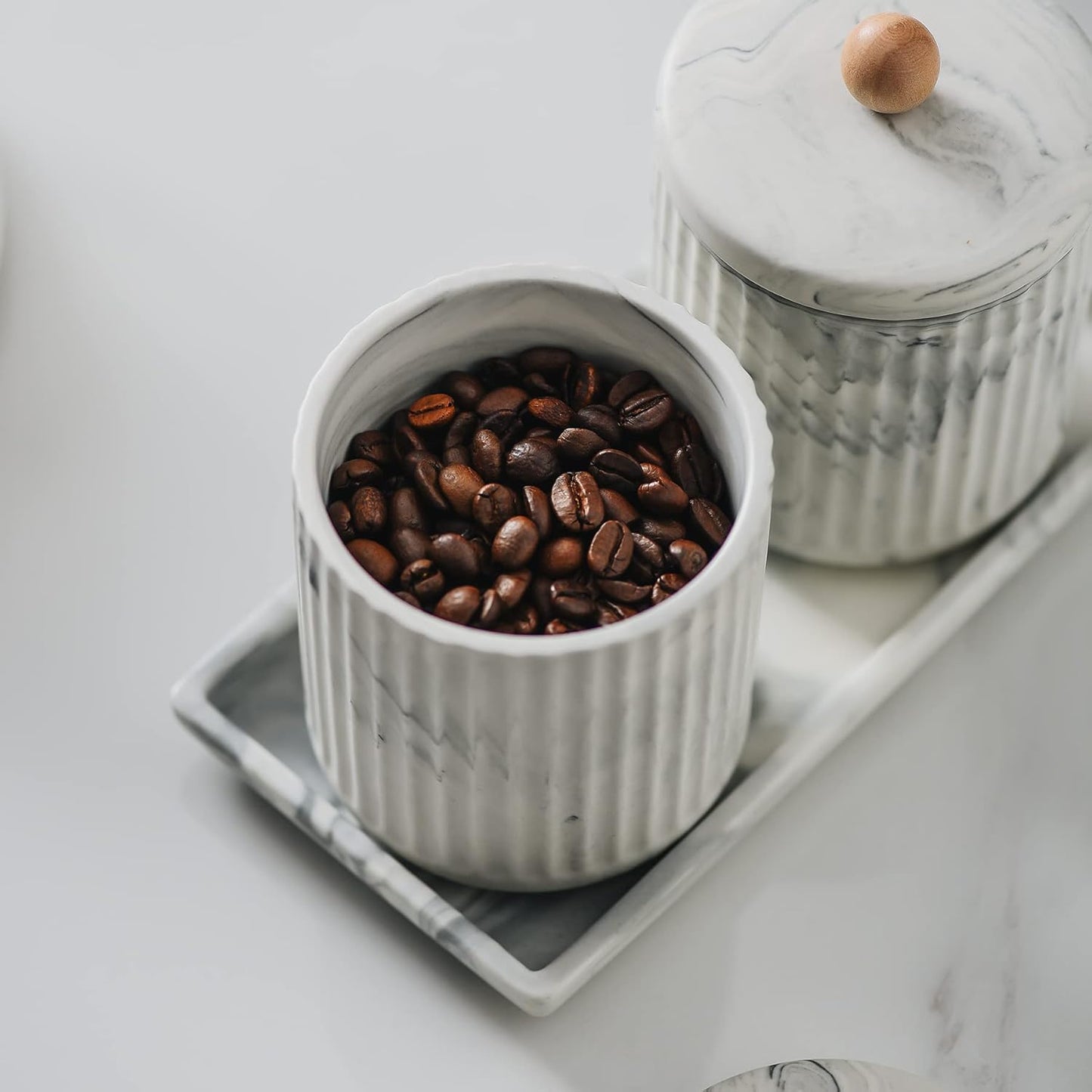 Marble Small Bathroom Jar Set ，Ceramic Cotton Swabs Holder with Lid and Dresser Organizer Set Tray for Storage and Organizing in Bathroom, Dresser, Kitchen, Office