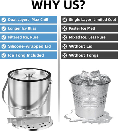 3L Double Wall Ice Bucket with Silicone Lid, Tongs & Scoop Insulated Ice Buckets for Parties & Cocktail Bar,[Silicone Lid for Longer Ice] Large Wine Bar Bucket Stainless Champagne Chiller