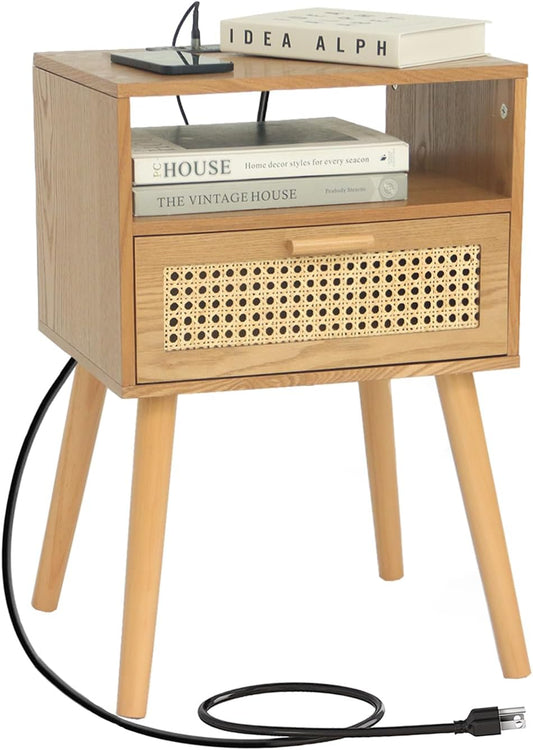 MaxSmeo Mid Century Modern Nightstand with Charging Station, Bedside Tables with Rattan Drawer