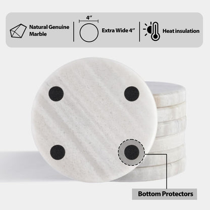BCS Premium Marble Coasters Set of 6 with Holder - White Stone Drink Coasters for Coffee Table, Durable Cup Mats for Beer, Wine, Beverages - Elegant Home & Office Decor Present