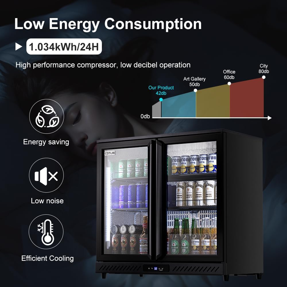 COTLIN 36" W Back Bar Cooler Beer Fridge Undercounter Refrigerator with LOW-E Glass Free Standing Beverage Refrigerator Adjustable Shelves for Soda Beer Wine, ETL NSF Approved