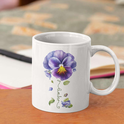 Pansy Design Ceramic Cup, Personalized Name Flower Themed Mug, Custom Coffee Cup For Pansy Flower Lover, Customized Floral Accent Mug 11oz 15oz, Pansy Cup Gift For Daughter