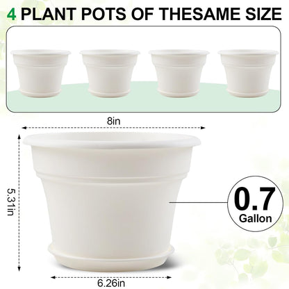 8 Inch Plastic-Flower Pot-for-Indoor Plants, 4 Pack Large Outdoor Planter Pot with Drainage Holes & Saucers, Resin Decorative Garden Pots Planters