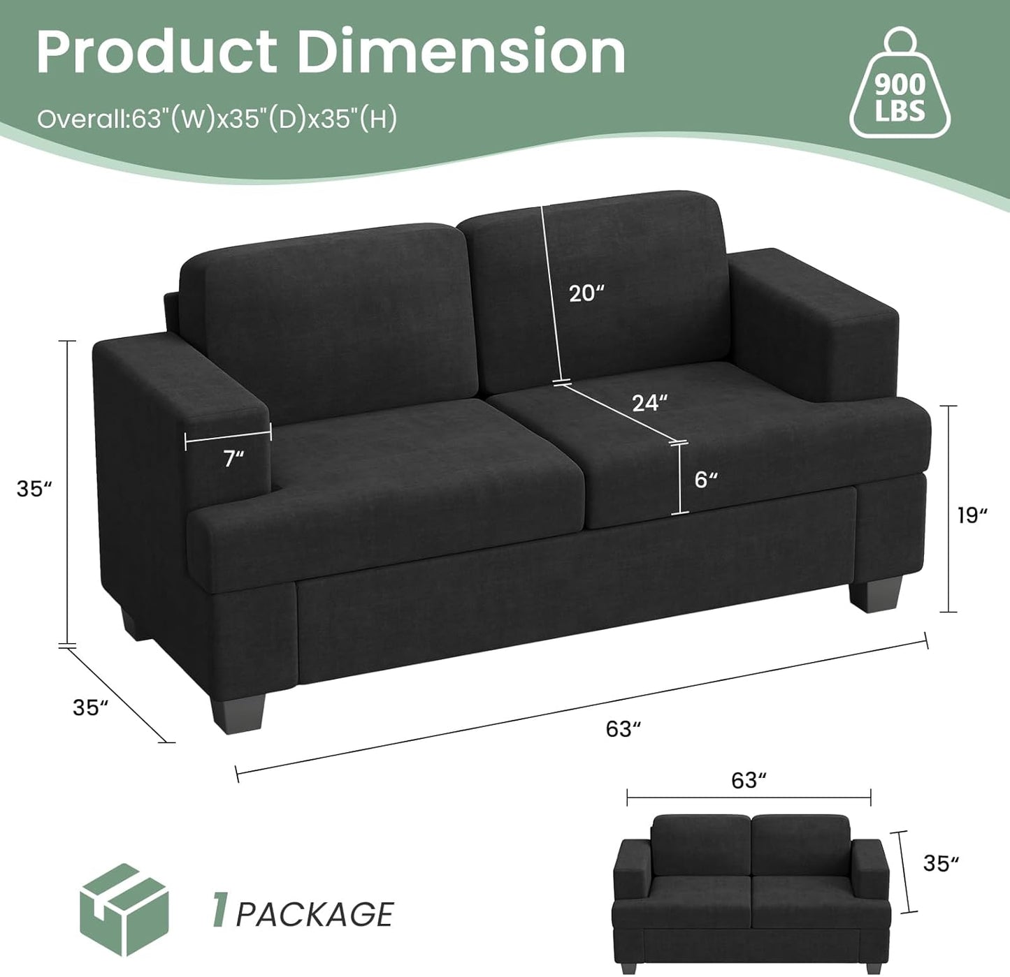 2 Piece Set Comfy Sofa Couch, 3 Seater & Loveseat Sofa with Deep Seats, Modern Sleeper Couch for Living Room, Dark Grey Chenille