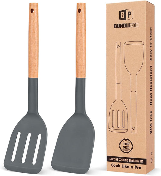 Pack of 2 Silicone Cooking Spatula, Heat Resistant Solid Turner, Non Stick Slotted Spatulas with
