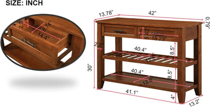 Solid Wood Console Table Entryway Table with Storage Drawers and Shelves Sofa Tables (42" Brown)