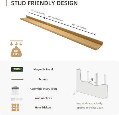 Picture Ledge Shelf, Wood Long Floating Shelves for Wall, Set of 2, 56 inch Picture Ledge Shelves, Photo Ledge Nursery Book Shelves Wall Mounted for Living Room Kids' Room Bedroom, Color Oak