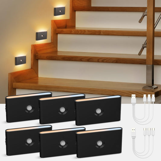 wowatt 6 Packs Rechargeable Motion Sensor Stair Light Black (Magnetic Mounting Design)(Sensor Modes Available)(Lighting Dimmable) Battery Night Lights for Stairway, Hallway, Bathroom