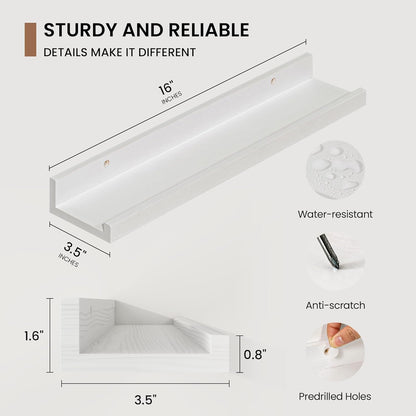 Picture Ledge Shelf, Solid Pine Wood Floating Shelves Set of 4, 16 Inches Nursery Book Shelves for Toys Storage, Kids Bookshelf Wall Mounted for Living Room Decor Photo Frames, White