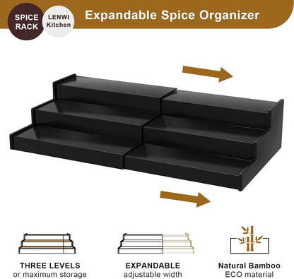 Spice Rack Organizer for Cabinet 2Pack, 3 Tier Expandable Bamboo Spice Storage, Great for Kitchen Cabinet, Cupboard,Pantry and More(Black)
