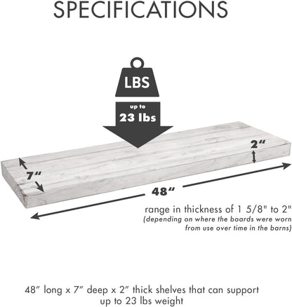Urban Legacy Reclaimed Barnwood Planks | Floating Shelves for Wall w/Flush Mount Shelf Bracket Set Included | Set of 2 (White Wash, 48" x 7" x 2")