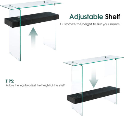 ivinta Glass Console Table with Storage, 39.4" Modern Sofa Table for Living Room, Foyer, Hallway, Bedroom 5101 (Black)
