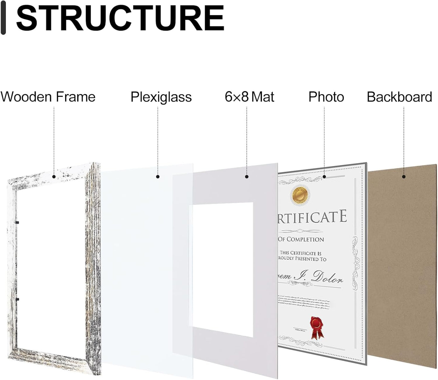 Vittanly 8.5x11 Picture Frames Set of 9, Shatter Resistant Plexiglass, Display 6x8 Pictures with Mat or 8.5x11 without Mat, Photo Frames for Wall or Tabletop, Engineered Wood, Distressed White