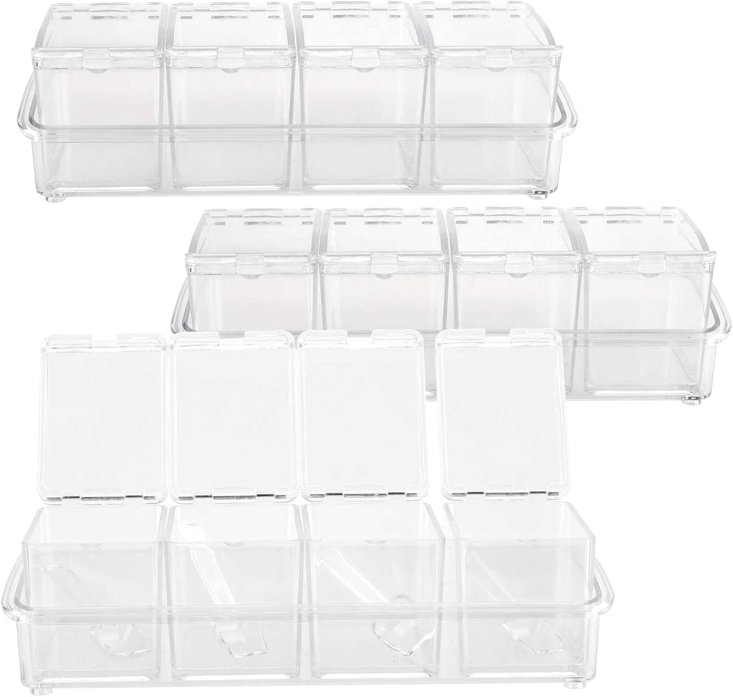 JAPCHET 3 Pack 4 Cell Clear Seasoning Box with Spoons, 10.2 × 3.54 × 3 inch Seasoning Storage Container with Cover, Clear Seasoning Rack Spice Pots for Spice, Salt, Sugar