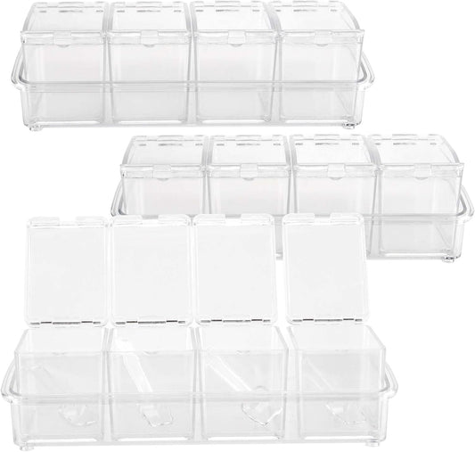 JAPCHET 3 Pack 4 Cell Clear Seasoning Box with Spoons, 10.2 × 3.54 × 3 inch Seasoning Storage Container with Cover, Clear Seasoning Rack Spice Pots for Spice, Salt, Sugar