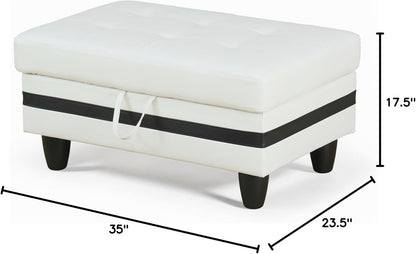 Ottoman Rectangular Storage Ottoman Bench, Faux Leather Footrest, Coffee Table, Stool Footstool with Hinged Lid for Living Room, Bedroom, Entryway, White with Black Strip, 35"x23.5"x17.5"