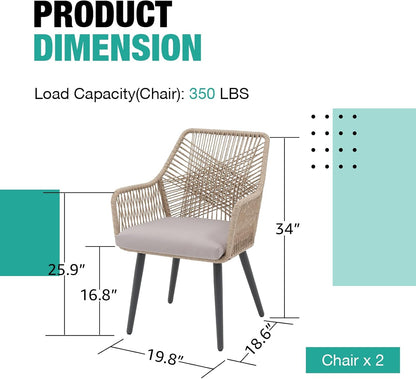 Patiorama Patio Dining Chair Set of 2, Woven Rope Outdoor Dining Chairs w/Steel Frame, All-Weather Twisted Rattan Chairs w/Armrest & Cushion, Outdoor Dining Wicker Chairs for Backyard Garden(Beige)