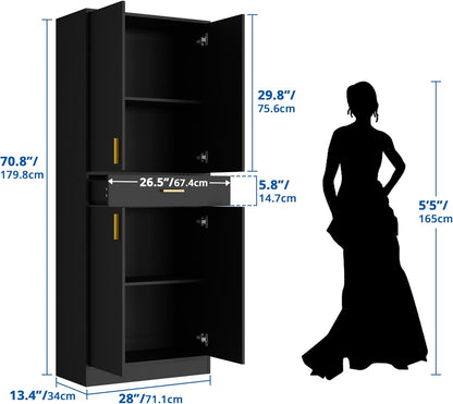 Cozy Castle Pantry Cabinet, 71" Tall Kitchen Storage Cabinet with Doors and Shelves, Freestanding Wood Cupboard Utility Hutch with Drawer for Dining Room Living Room Bathroom Furniture, Black