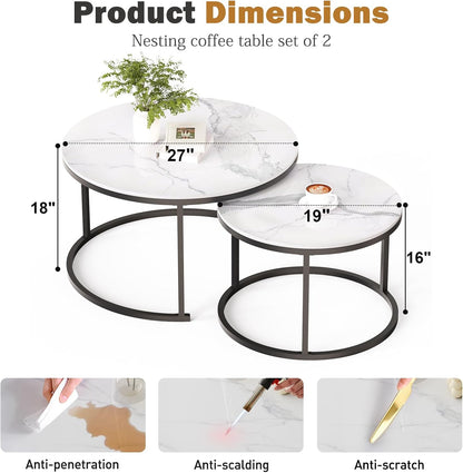 ZL ZELing White Nesting Coffee Table Set of 2, 27'' Round Coffee Table Sintered Stone Top & Metal Frame, End Tables Center Table for Living Room, Small Space