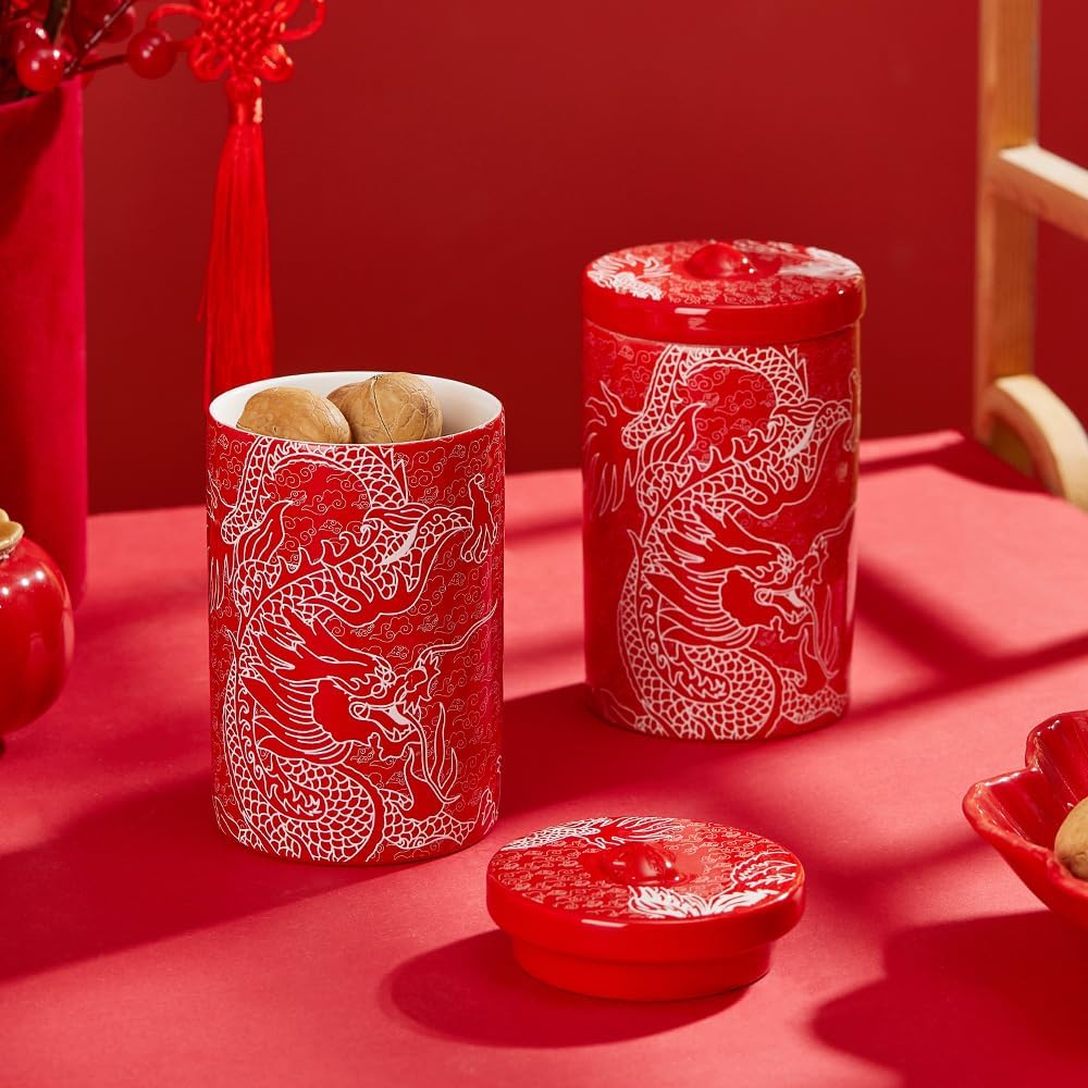 Porlien Chinese Dragon Porcelain 15-ounce Canisters Set of 2, Food Storage Containers with Lid for Coffee Beans, Tea, Condiments & Nuts