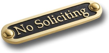 No Soliciting Brass Door Sign. Traditional Style Home Décor Wall Plaque Handmade By The Metal Foundry UK.