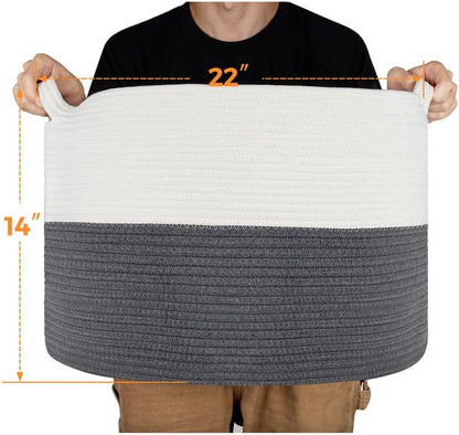 Ravinte Large Storage - 22"x 22"x 14" Blanket Basket for Living Room, Baby Toy Storage, Cotton Rope Woven Laundry (White-Gray)