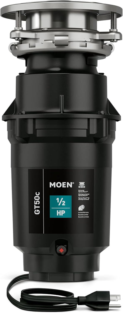 Moen Prep Series Disposer 1/2 Horsepower Continuous Feed Garbage Disposal featuring Fast Track Technology, Power Cord Included, GT50C