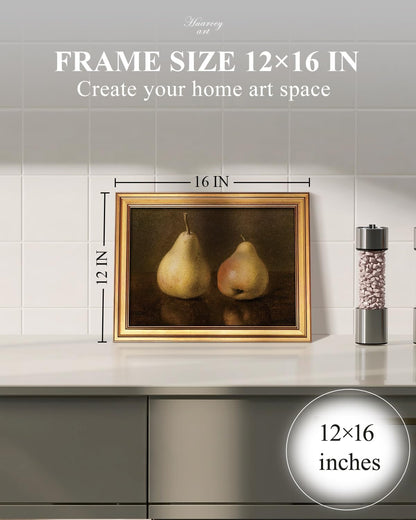 HUARCEY Gold Framed Vintage Wall Art for Living Room, Pear Fruits Painting Prints Shelf Decor for Kitchen, Aesthetic Bedroom Wall Art Decor, Christmas Gift for Friends or Family (Two Pears 12"x16")