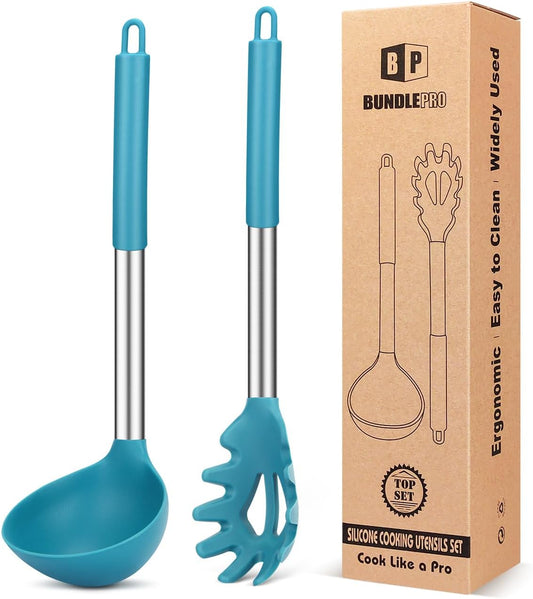 Silicone Pasta Fork and Ladle Spoon Set, Large Non Stick Kitchen Utensils for