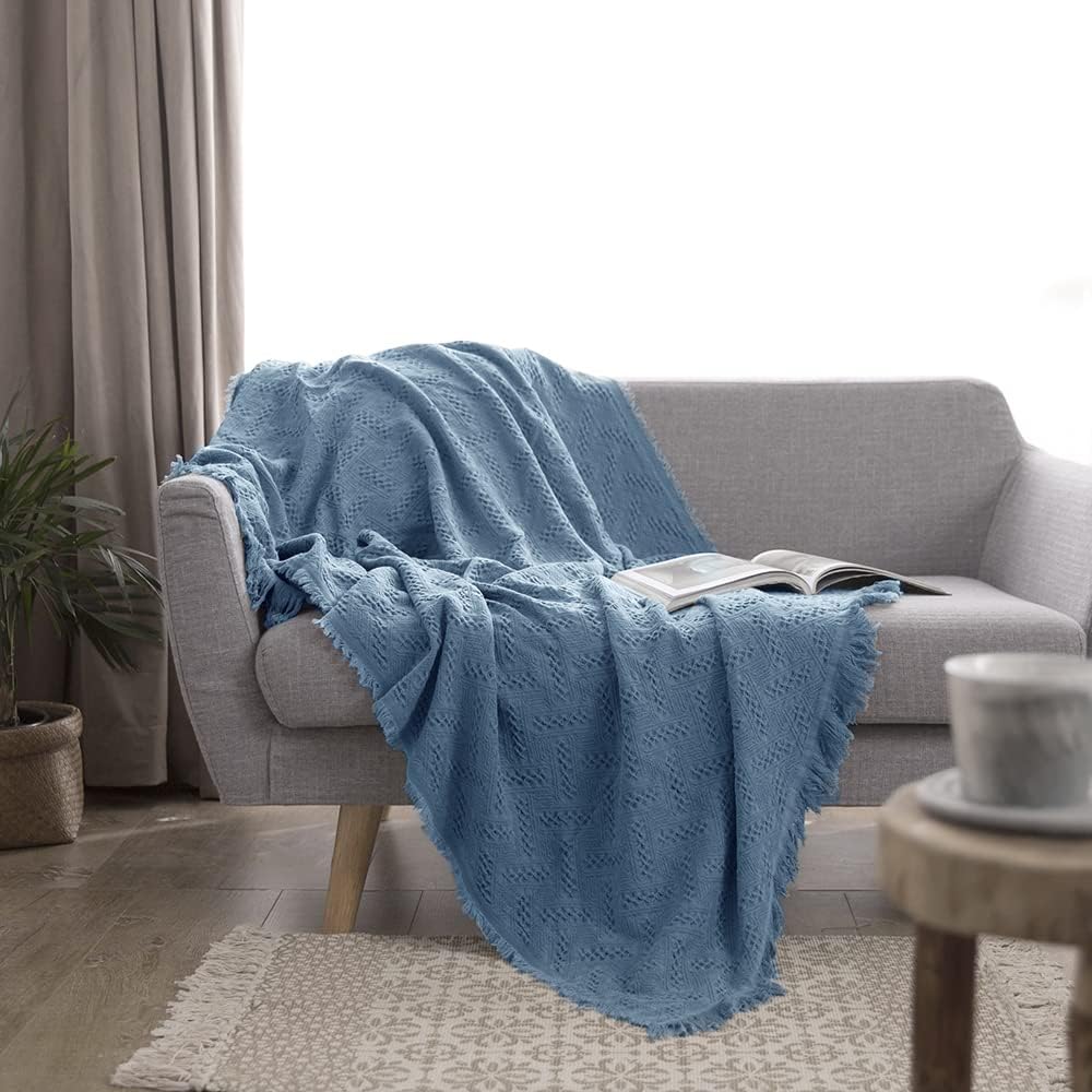 Simple&Opulence 100% Cotton Throw Blanket for Bed, Couch, Boho Luxury Geometric Knit Woven Blanket with Tassels Soft Lightweight Cozy Breathable, Vintage Farmhouse Decoration for All-Season(Blue)
