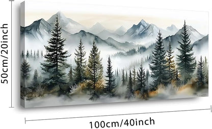LASMOND Watercolor Forest Wall Art for Living Room Modern Mountain Canvas Painting Prints Foggy Woods Bedroom Landscape Office Wall Art Decor (40x20 Inches)