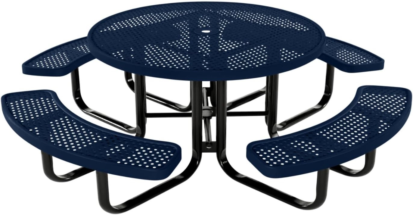 Coated Outdoor Furniture Heavy-Duty Portable Outdoor Kids Table with Umbrella Hole, Punched Steel Kids Picnic Table, Commercial-Grade, Made in America (46 In, Round, Childrens, Textured Dark Blue)