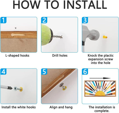 IARTTOP Large Boho Sun Wall Art Framed Wooden Art Wall Decor Rainbow Sun Rising On The Horizon Geometric Line Sunshine Wall Art for Living Room Bedroom Office 16"x32"