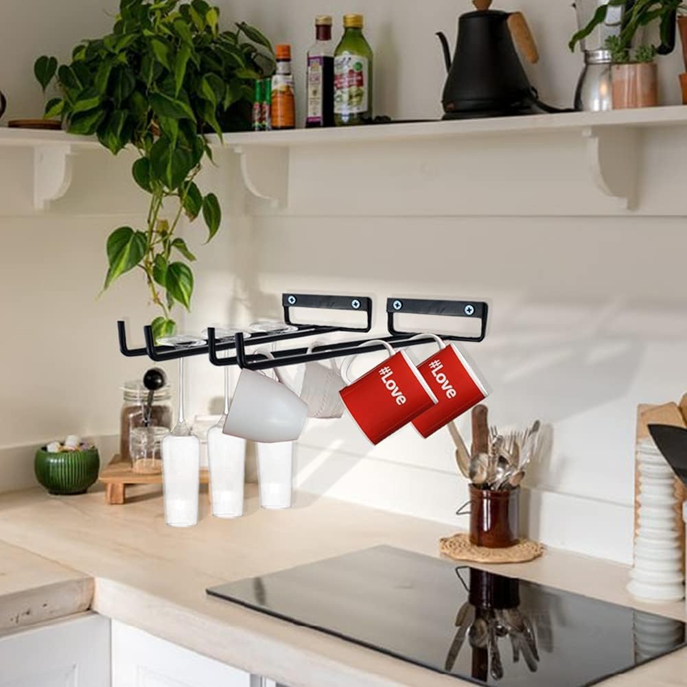 2 Packs 12 Inch Wine Glass Rack Wall Mounted Wine Glass Holder Under Cabinet, Hanging Stemware Racks, Wall Wine Cup Holder Hangers Under Shelf, Wire Wine Glass Racks for Bar, Kitchen