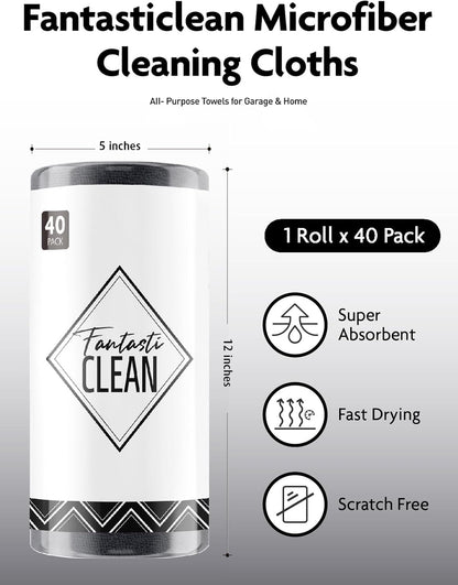 Fantasticlean Microfiber Cleaning Cloth Roll -40 Pack, Tear Away Microfiber Towels, 12" x 12", Reusable, Washable, Scratch Free, Ultra Absorbent Dish Rags for Car, Home, Garage or Shop (DimGrey)