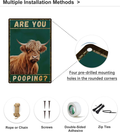 ALKB Funny Highland Cow Are You Pooping Metal Signs Vintage Farmhouse Bathroom Wall Decor Highland Cow Lovers Gift 8 x 12 Inch