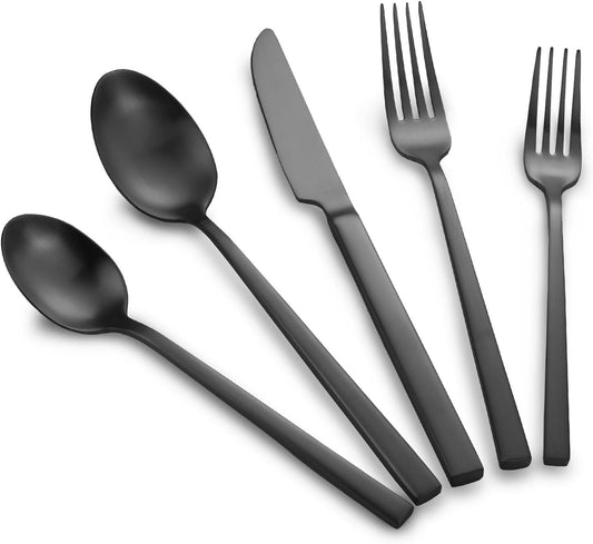 Stainless Steel Flatware Set Hand Forged 18/10 Silverware Set Matte Black Cutlery Set with Cuboid Handle Matte Finished 40 Pieces Home Event Use Wedding Housewarming Gift Service for 8