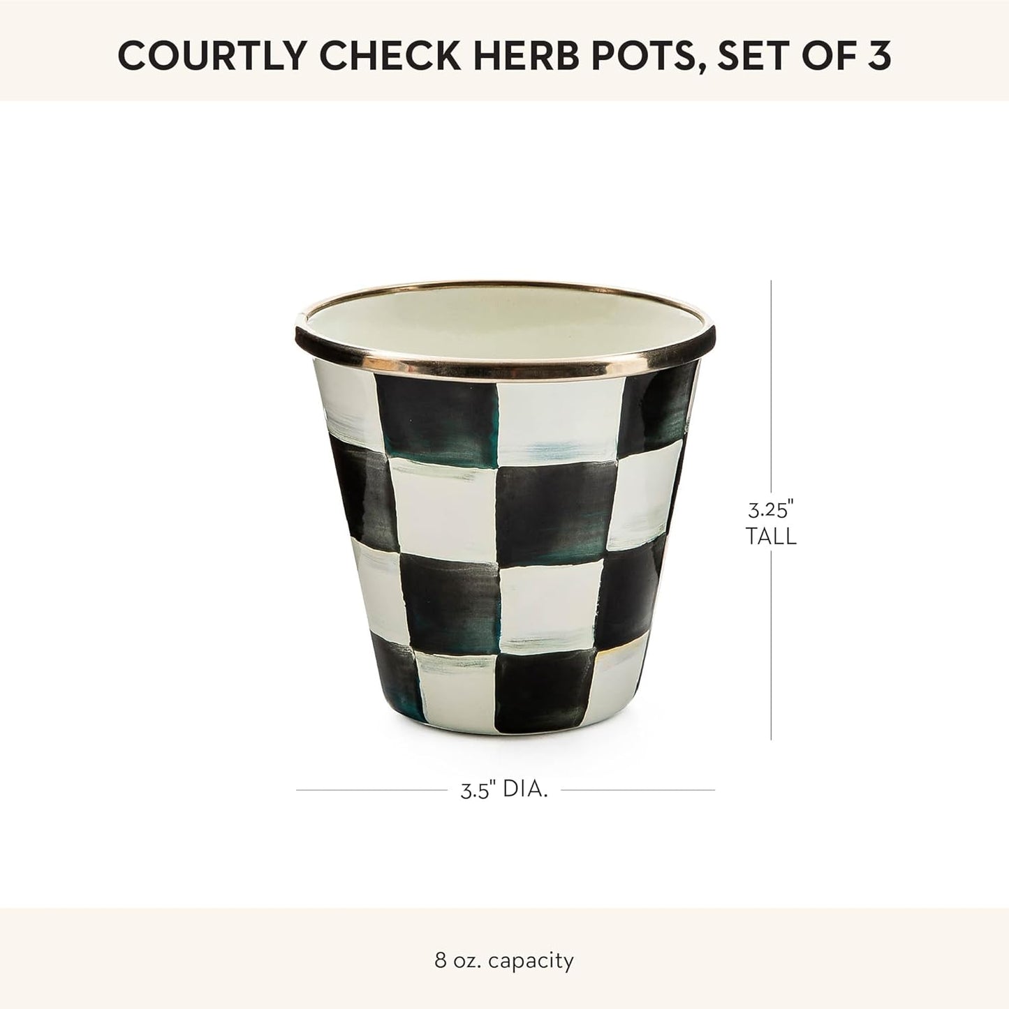 MACKENZIE-CHILDS Enamel Herb Pots, Small Plant Pots for Herbs or Flowers, Set of 3, Black-and-White Courtly Check