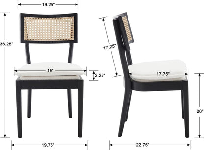 Rattan Dining Chairs Set Of 2 , Mid Century Modern Black Wooden Cane Back Chairs with Removable Sherpa Cushion , Retro Farmhouse Upholstered Kitchen & Dining Room Chairs for Restaurant Living Room