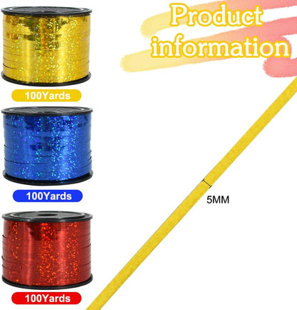 BEISHIDA 3 Pack 100 Yards Red Blue Gold Curling Crimped Glitter Ribbon Balloon String Shiny Metallic Gift Wrapping Ribbon Birthday Party Christmas Festival Art Craft Decoration