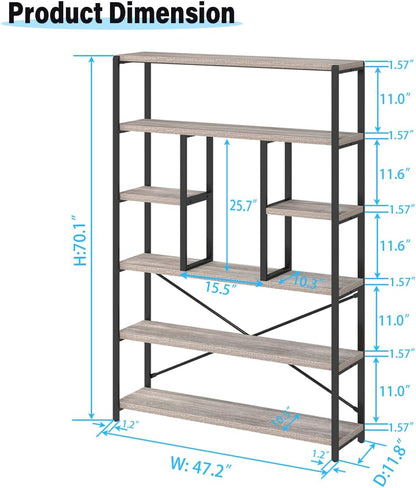 LVB Industrial 6 Tier Bookshelf, Large Tall Open Rustic Vintage Etagere Bookcase, Gray Big Wide Modern Farmhouse Wood and Metal Book Shelf for Home Bedroom Living Room Office Storage, Light Grey Oak