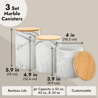 Farmlyn Creek Sugar & Coffee Container Set 3-Piece - White Marble Finish Ceramic Jar Set - Airtight Wood Lids - Ceramic Containers with Lids for Countertop Storage (5.9"/4.9"/3.9)