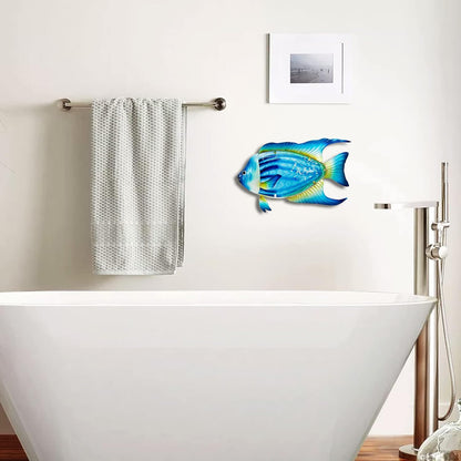 John's Studio Fish Sea Wall Decor Outdoor Metal Garden Hanging Art Glass Sculptures Home Ocean Theme Decorations for Kitchen Bathroom and Pool - Blue