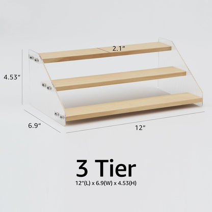 nianfeng Tiered Spice Rack, 3-Tier Spice Pantry Kitchen Cabinet Organizer, 12-Inch, Natural Wood Acrylic Stair Riser Stand, Countertop Seasoning Shelf