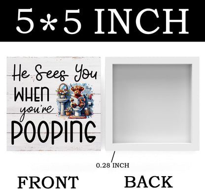 Funny Highland Cow Decor Memorial Day Fourth of July Independence Day Decorations Red White and Blue Decor, Rustic Farmhouse Home Office Wooden Box Sign for Bathroom - He Sees You When You're Pooping