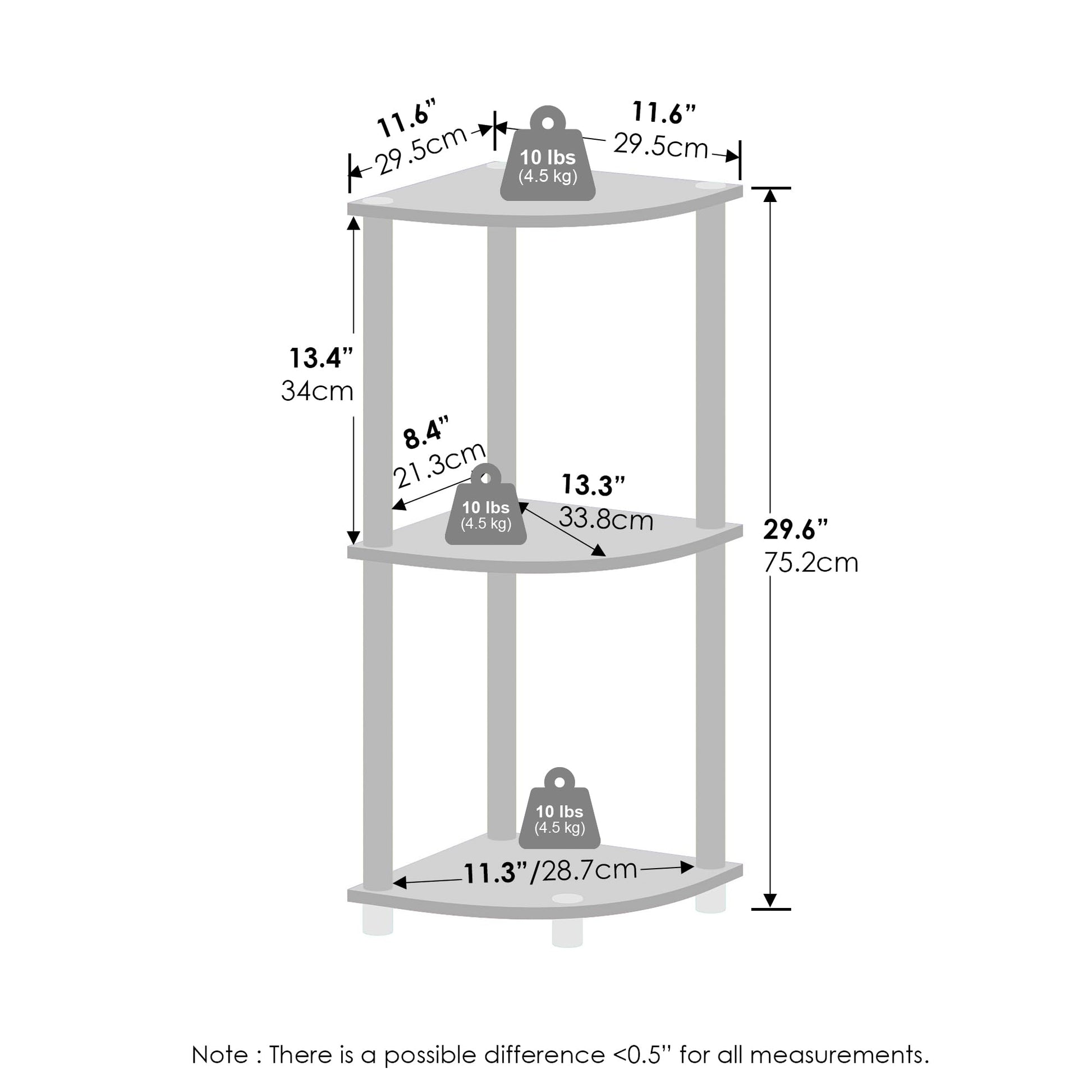 Furinno Turn-N-Tube Corner Shelf, 3-Tier Corner Bookshelf, White