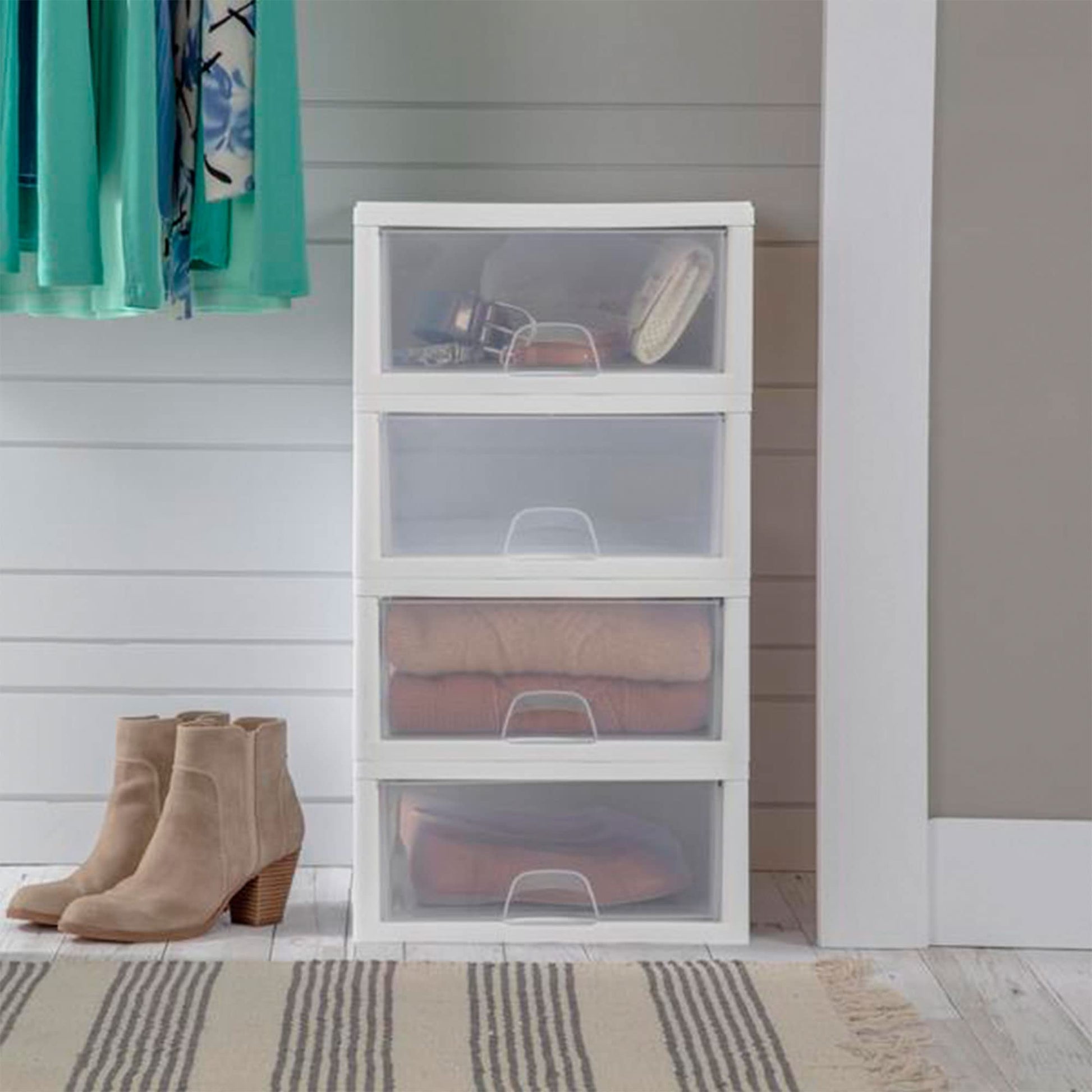 Sterilite 6-Pack 16 Quart Stacking Drawer, Clear Storage Closet Organizer, White Frame - Stackable