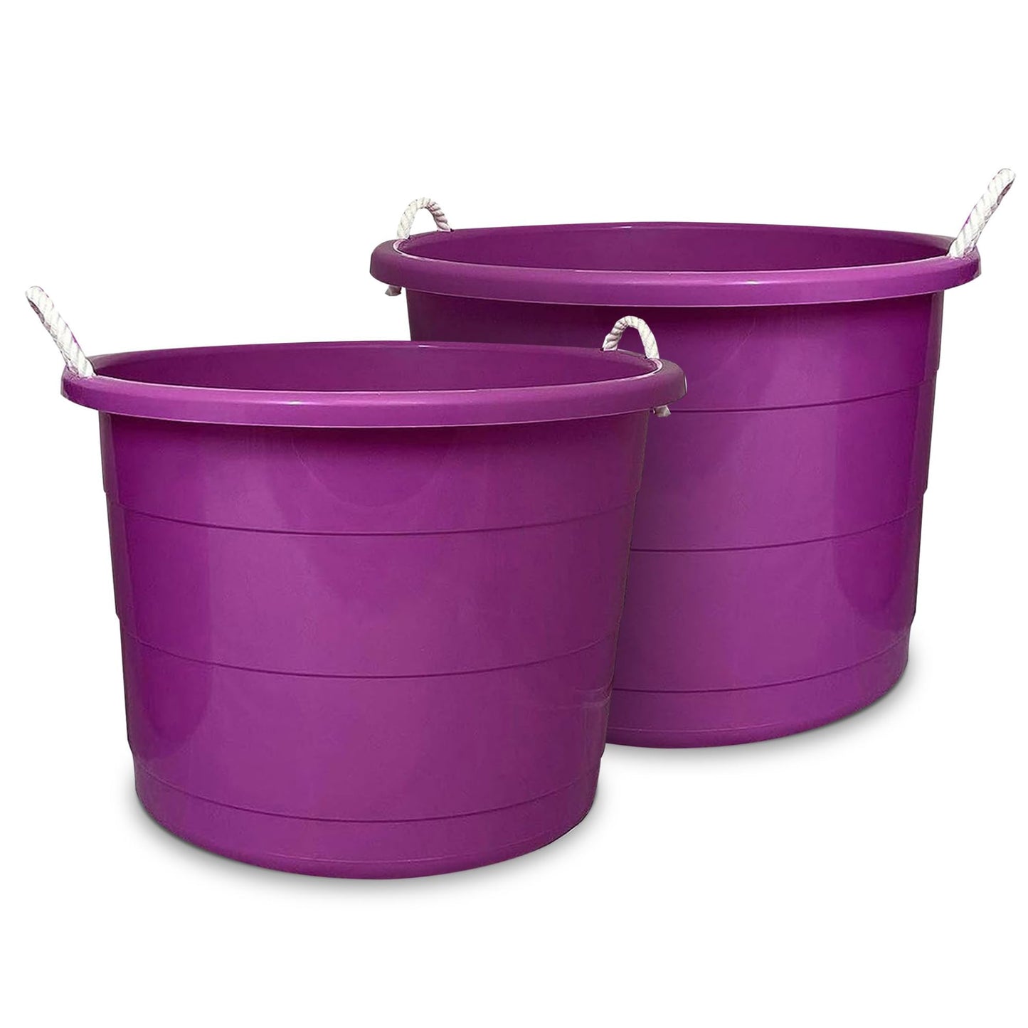 HOMZ 2-Pack Utility Tub, Large Plastic Storage Bucket with Rope Handles, 17 Gallon, Purple
